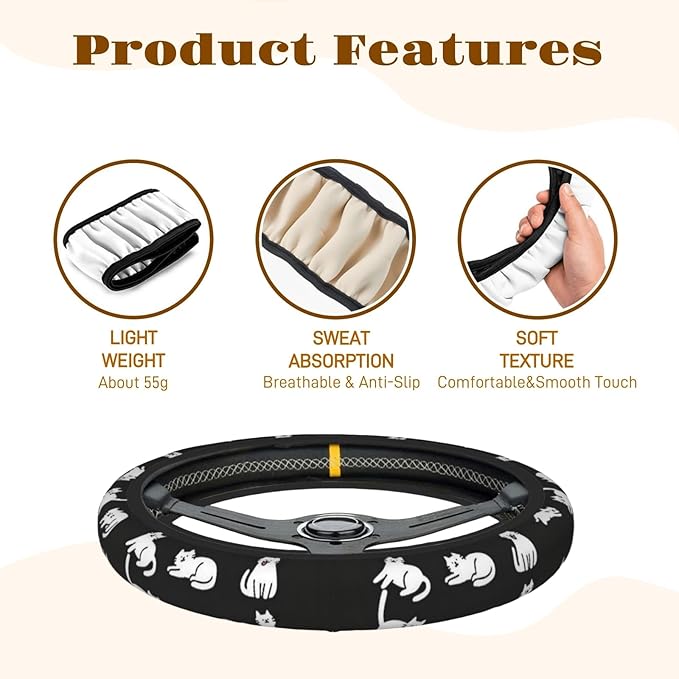 Steering Wheel Cover Accessories Neoprene Cover, Breathable Non-Slip Easy to Install Suitable for Women Men, 14.5-15.5 Inch for Car SUV Van Truck Universal - Lazy Kitten
