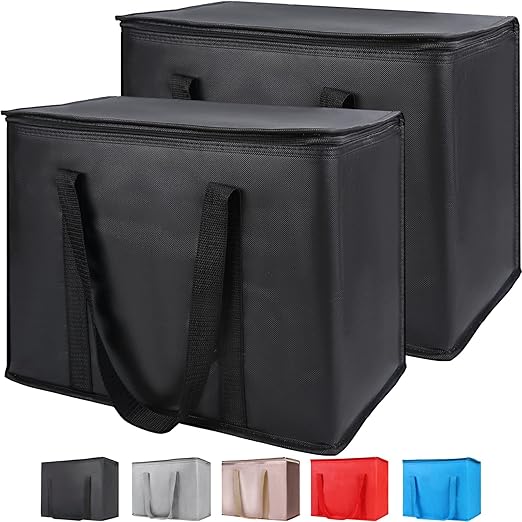 CIVJET Insulated Reusable Grocery Bags, 16W x 13H x 9D, X-Large Tote Bag for Shopping/Travel, Doordash Food Cooler/Hot Delivery Bag, Black, 2-Pack