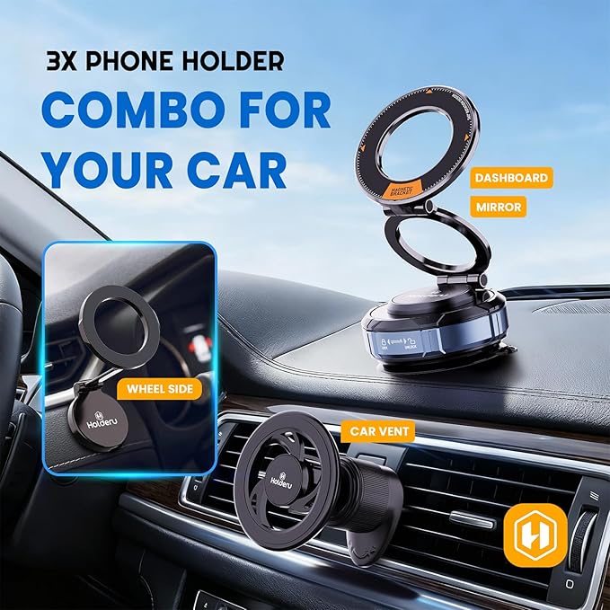 Magnetic Phone Holder for Car - 3 Holder Bundle | MagSafe Compatible Car Mount (Dashboard, Air Vent & Steering Side) Strong Magnet & Nano Gel Suction for iPhone 17 Pro Max, 16, 15, 14 & Android
