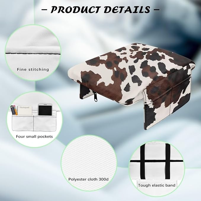 Wanyint Black Brown Cow Print Car Center Console Armrest Cover Anti-Slip Armrest Storage Box Mat Anti-Scratch Middle Console Pad Protective Cover Universal Fit Most Vehicle, SUV, Truck