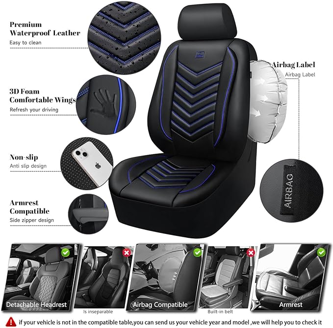 CAR PASS 3D Foam Faux Leather Car Seat Covers Front Seats,Waterproof Leather Front Seat Cover for Car,Universal Fit for SUV Truck Sedan Automotive,Armrest Airbag Compatible Anti-Slip, Black and Blue