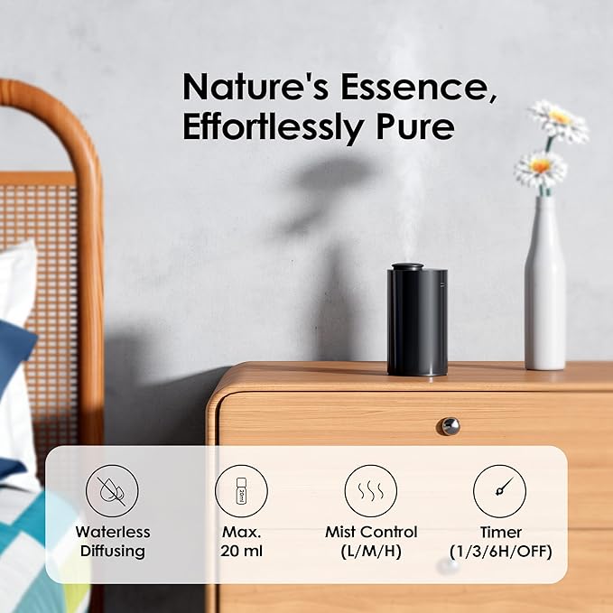 Airversa Waterless Essential Oil Diffuser Starter Kit with 2x20mL Hotel Fragrance Oils for Car Home Office, Cordless Battery Operated Scent Air Cool Mist Diffuser, Mist & Timers, AN6Kit-B Black