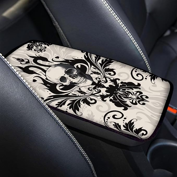 Dreaweet Gothic Skull Center Console Cover Halloween Car Accessories Interior Arm Rest Cover Pad Universal Comfort Car Armrest Storage Box Mat for SUV Truck
