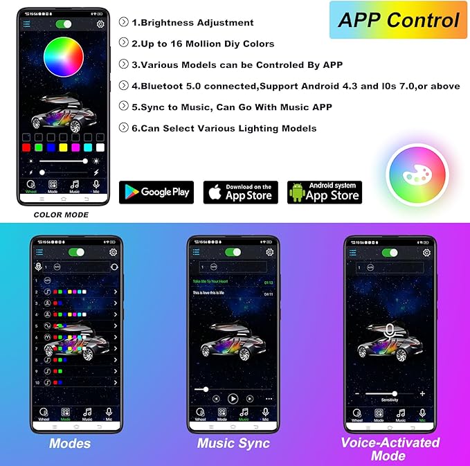 Kairiyard 4Pcs Underglow LED Lights for Cars with App Control, RGB Dream Colors Chasing Music Mode Waterproof Underglow kit for Car Truck