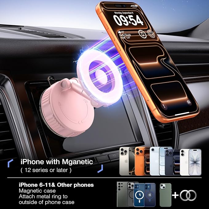 Vooii Phone Holders for Your Car for Magsafe Car Mount (130LB Ultra Suction Cup & 360° Adjustable) Vacuum Cell Phone Car Mount, Magnetic Car Phone Holder for Dashboard/Windshield for iPhone & Android