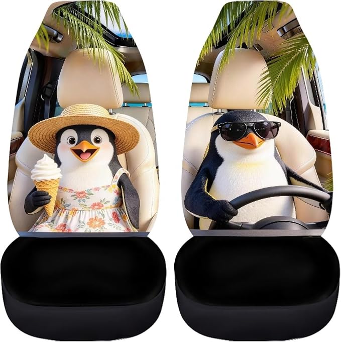 Penguin Front Car Seat Cover 2 Pcs Cute Automobile Front Seat Covers Anti-Slip Back Fabric Protection Interior Accessories Universal Fit for Most Cars SUVs and Sedans