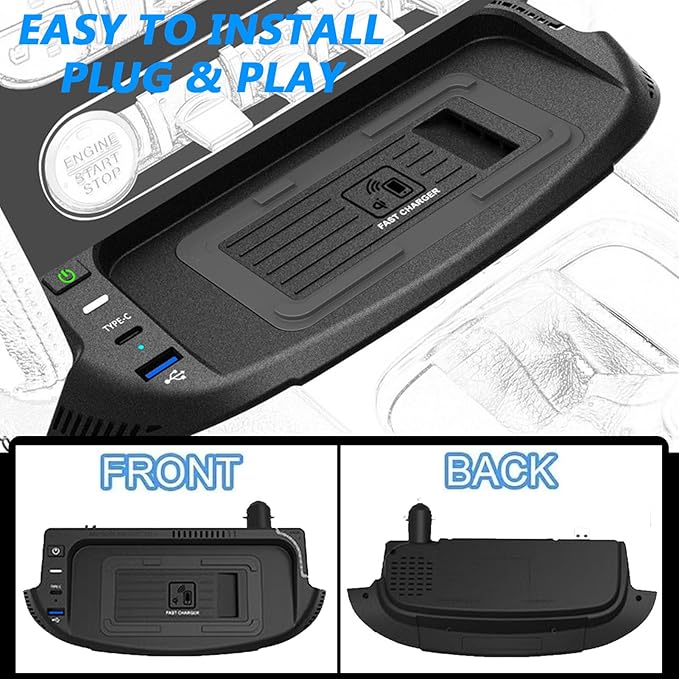 2025 New Version Car Wireless Charger for Ford Mustang 2015-2023 All Models, 15W Fast Charging Phone Tray with 27W USB + Type-c Port Qi Phone Wireless Charger, Black