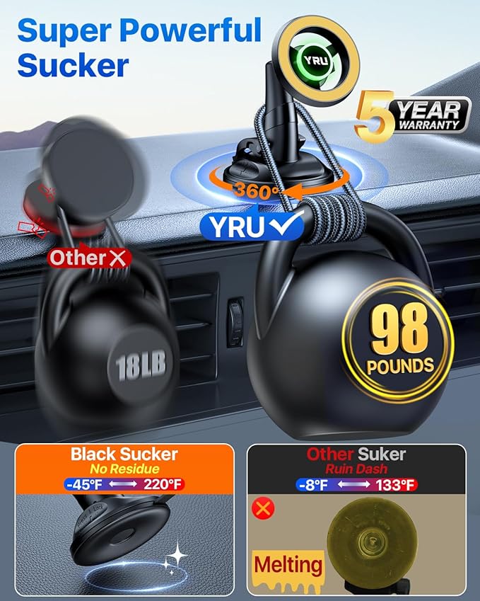 YRU [Truely Upgrade & Patent] Car Phone Holder for Magsafe [98+LBS Strongest Suction & Enhanced Magnetic] Dashboard Car Mount Windshield Vent Phone Stand for iPhone 17/16/15/14/13/12 Pro Max (Golden)
