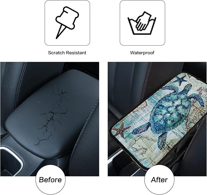 Car Armrest Cover Pads Universal Fashion Cute Auto Center Console Armrest Cover Pad with 2PCS Car Coasters Soft Waterproof Car Armrest Seat Protector for Women, Sea Turtle Starfish