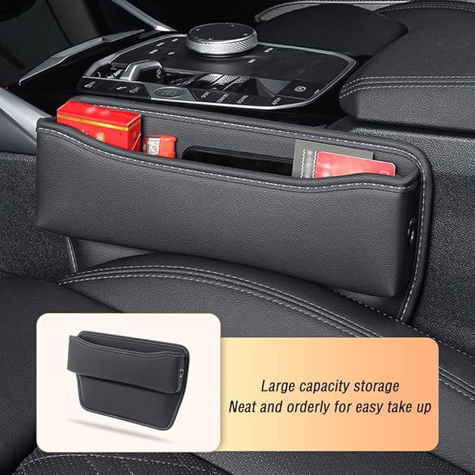Large Capacity Car Seat Gap Filler with 2 Charge Hole - Microfiber Leather Organizer Storages Items & Keeps Quiet Tidy Storage Box for Phone,Key,Cigarette,Glasses (Black/2pcs)