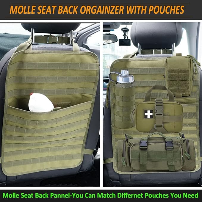 Molle Tactical Seat Back Organizer Panel with Pouches, Universal Fit For Vehicle Car, Khaki