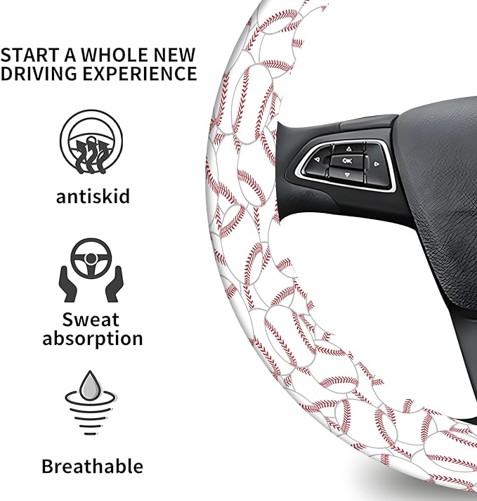 Elastic Car Steering Wheel Cover, Universal 15 inch Non-Slip Breathable Neoprene Steering Wheel Protector, Car Accessories for Women Men Fit Auto, Suvs, Truck Cute Baseball Stitch