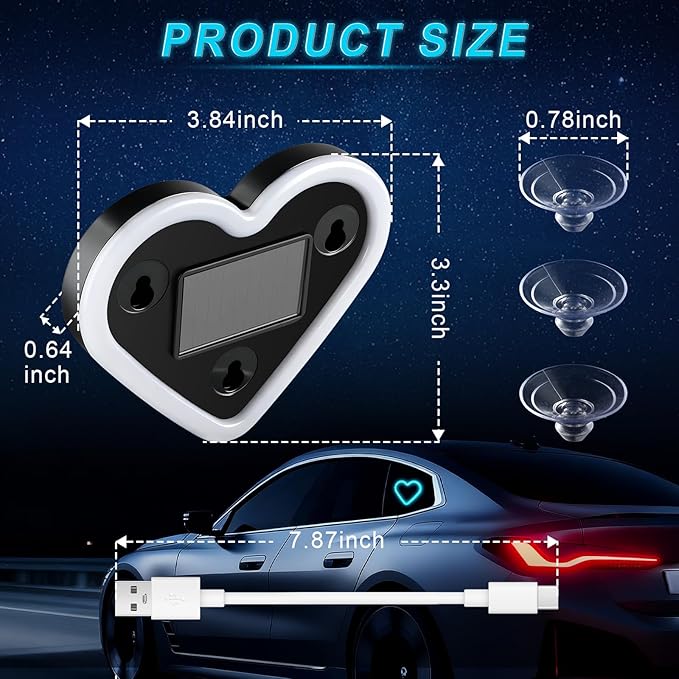 iFunyLED Car LED Interior Lights, Heart-Shaped Ambient Light for Windows, 5 Lighting Modes, Charging Through Type-c and Solar Energy, Car Decorations for Women Men, Pack of 1, (Ice Blue)