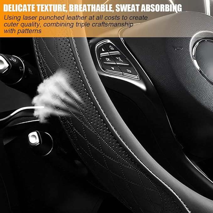 Car Steering Wheel Cover, 14.5-15" Breathable Soft Leather Vehicle Steering Wheel Protector with Anti-Slip Lining, Comfortable Auto Interior Decoration Accessories, Universal Fit (Black)