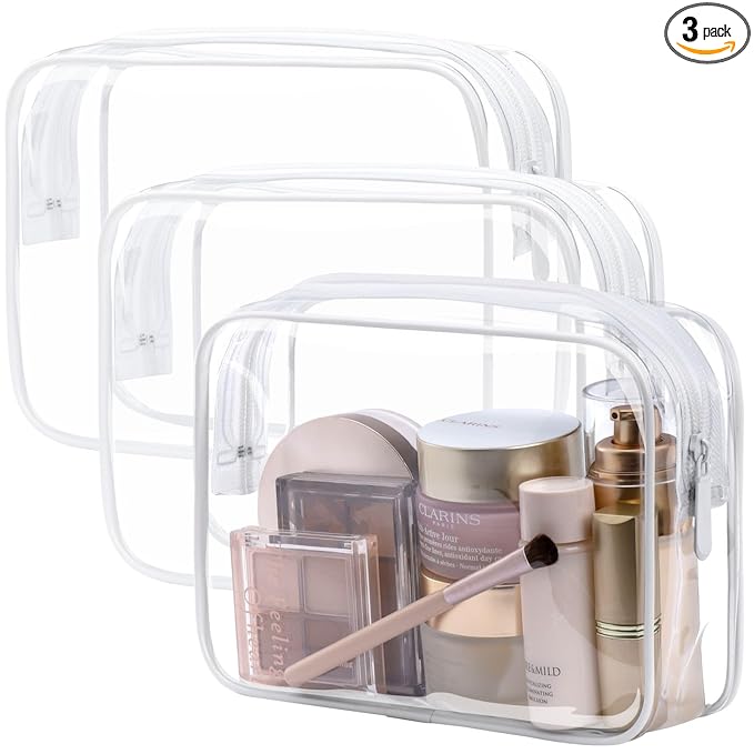 PACKISM TSA Approved Toiletry Bag - Clear Makeup Bag 3 Pack Medium, Metal Smooth Zipper Quart Size Bag for 3-1-1 Liquids, Travel Makeup Bag for Women Men, Airport Airline Compliant Bag, White