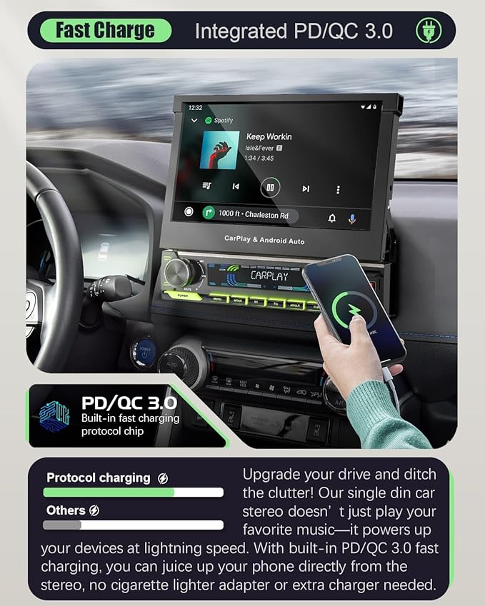 【SOOEMAKA】 Single Din Touchscreen Radio with Wireless CarPlay, 7 inch QLED Android Auto Screen for car,Motorized Flip Out Car Stereo Upgrade Fast Charging(QC/PD 3.0)/AM/FM/DSP/AHD (S7012)