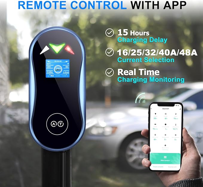 Tesla (NACS) Electric Vehicle Charging Station 48 Amp with App Control - Level 2 EV Charger (240V) Hardwired Compatible with All Tesla Models S/3/X/Y