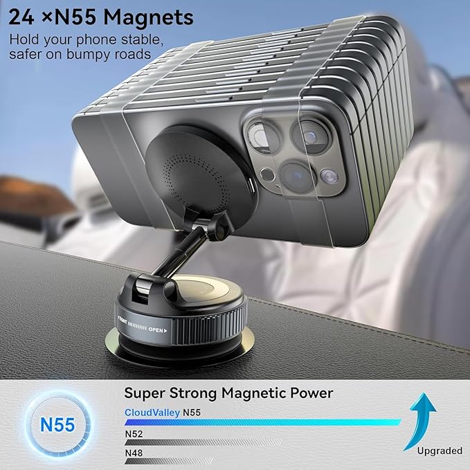 CloudValley 15W Fast Wireless Charger Car Phone Mount Charger with Type-C Fast Car Charger, Vacuum Suction Cup Magnetic Phone Holder Design for MagSafe iPhone 17 Pro Max 16-12 Series,Pixel 10 Pro XL