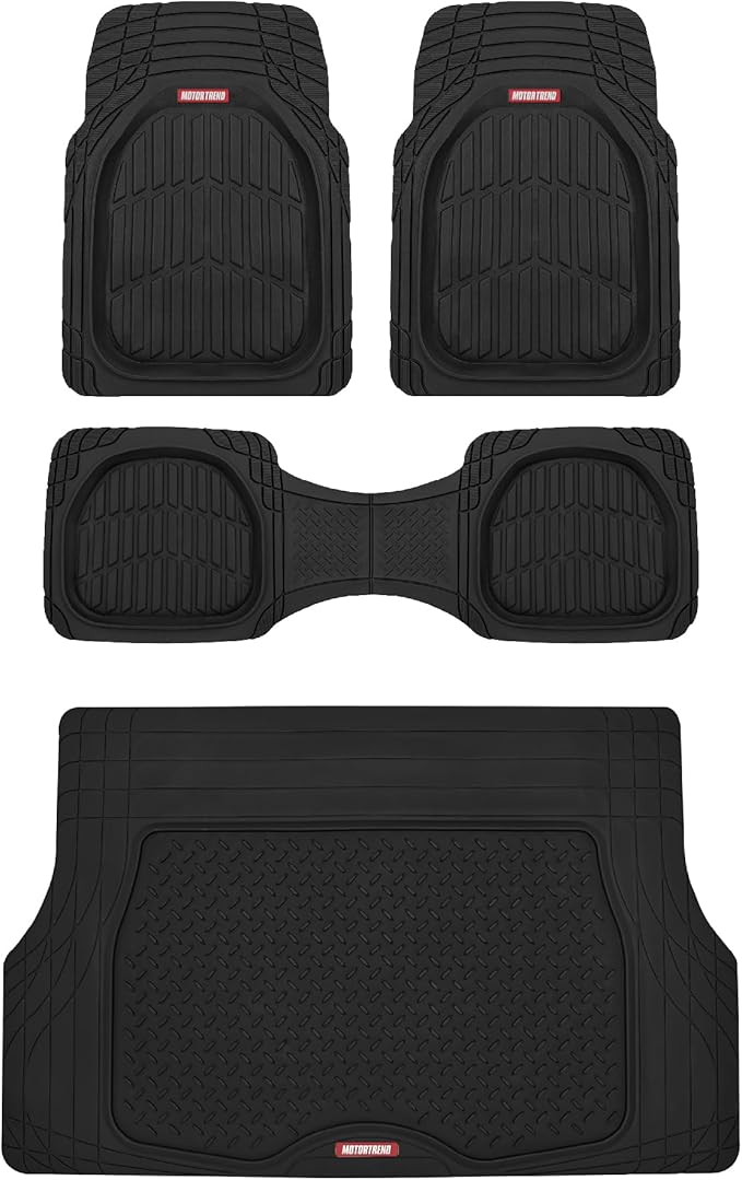 Motor Trend FlexTough 4-Piece Heavy Duty Floor Mats for Cars Trucks SUVs, Automotive Floor Mats Car Mats Full Set Front, Rear & Cargo, Trim-To-Fit Semi-Custom Deep Dish All Weather Rubber Mats - Black