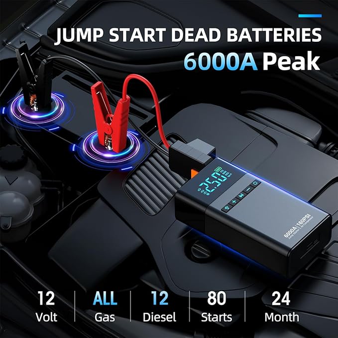 10-in-1 Portable Car Battery Jump Starter with Air Compressor, 6000A 160PSI Portable Car Jumper Starter (All Gas 12L Diesel), 12V Jump Box Car Battery Jump Starter with Jumper Cables, Lights