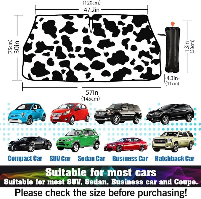 Socira Cow Print Windshield Sun Shade Umbrella Foldable Cow Sunshade for Front Window Auto Windshield Sunshade Covers Car Accessories Protect from Sun Rays Heat 57'' X 30''