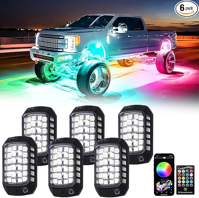 RGB LED Rock Lights Kit, 6 pods Underglow Multicolor Neon Pod with Bluetooth App Control Flashing Music Mode IP68 Exterior Wheel Well Light for Truck ATV UTV RZR SUV