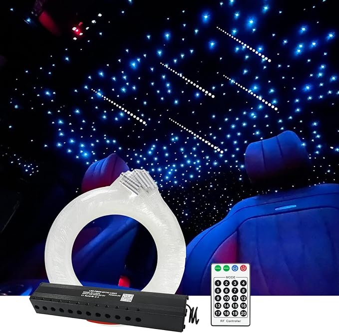 AMKI 96pcs*0.04in*13.1ft Pure White Meteor Shooting Stars Effect Fiber Optic Lights Kit,12 Holes LED MeteorLight Engine with Bluetooth+RF Remote Control 20 Meteor Modes