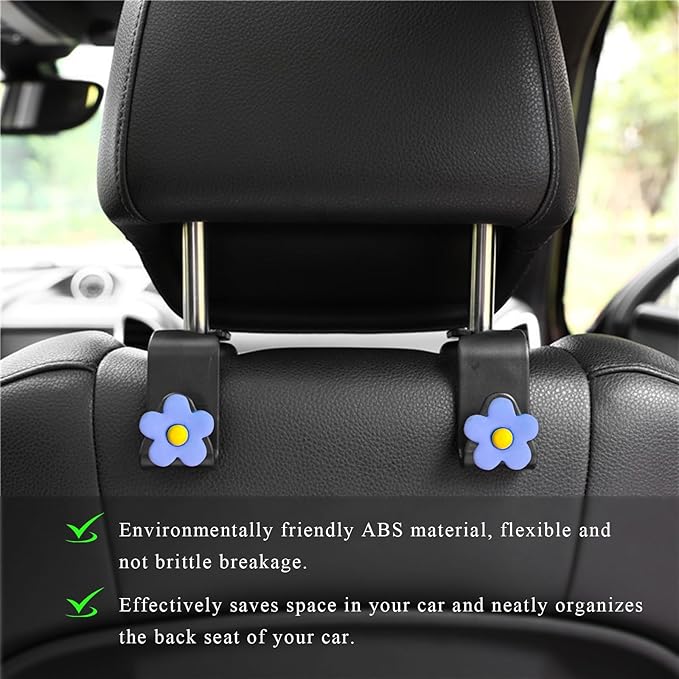 4 PCS Car Seat Headrest Hook, Plastic Headrest Hooks with Adhesive Flower, Auto Back Seat Hanger Storage Hook for Grocery Bag Purse Handbag Umbrella, Car Accessories (Blue)