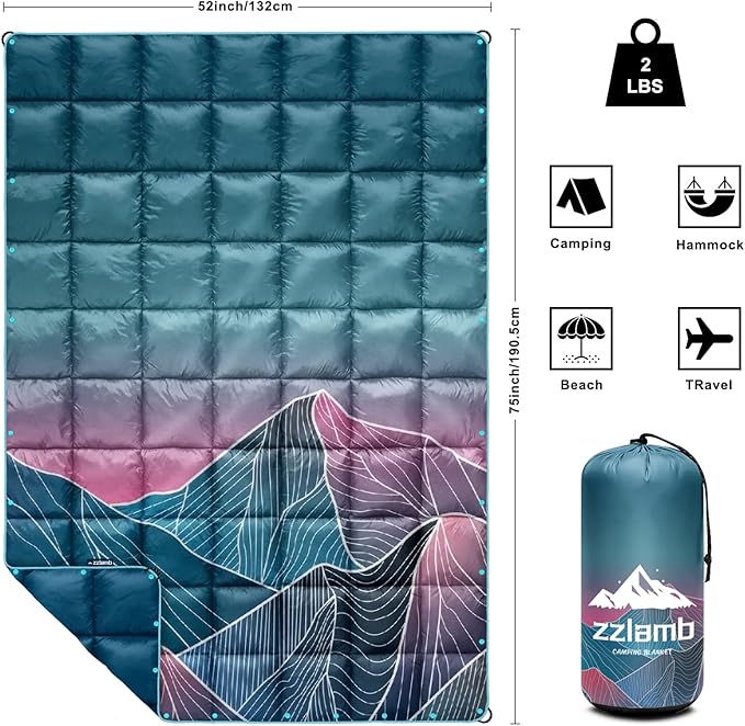 zzlamb Camping Blanket for Cold Weather,Outdoor Puffy Blanket Portable Down Alternative,Windproof Warm Cloak with Snaps,Cozy Quilt Backpacking Picnic RV Travel Plane Car Hammock Beach Climbing