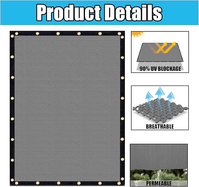 Amagenix 90% Shade Fabric 11'X 12' Gray Sun Shade Cloth with Grommets for Pergola Replacement Shade Cover Canopy, Heavy Duty, Cable Zip Ties Included (We Customized)