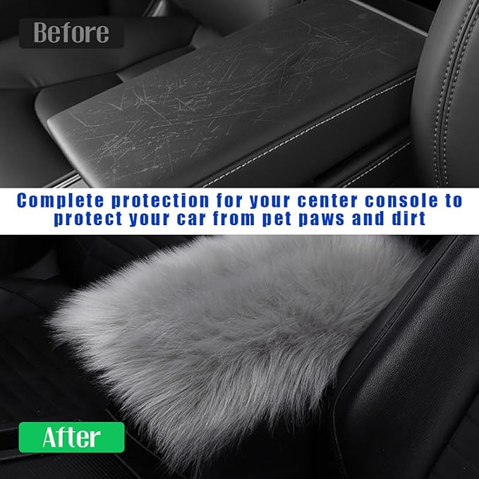 Furry Car Center Console Cover, 11.8"×7.9" Sheepskin Wool Armrest Box Cushion Pad, Comfort Soft Auto Center Console Protector, Interior Decor Accessories for Most Vehicles (Light Gray)