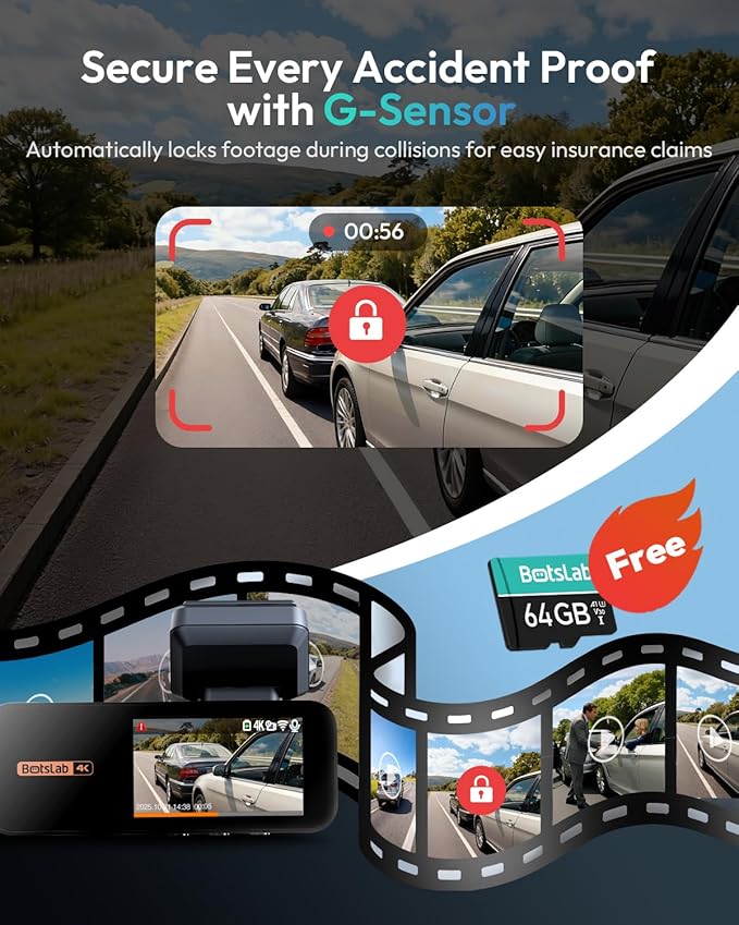 BOTSLAB 4K Dash Cam Front and Rear, 64GB SD Card Included, 170° Ultra Wide 4K+2K Dashcam with ADAS, Night Vision, 24/7 Parking Mode, IMX415 STARVIS Sensor, WDR, 5.8GHz WiFi,Built-in GPS,Loop Recording