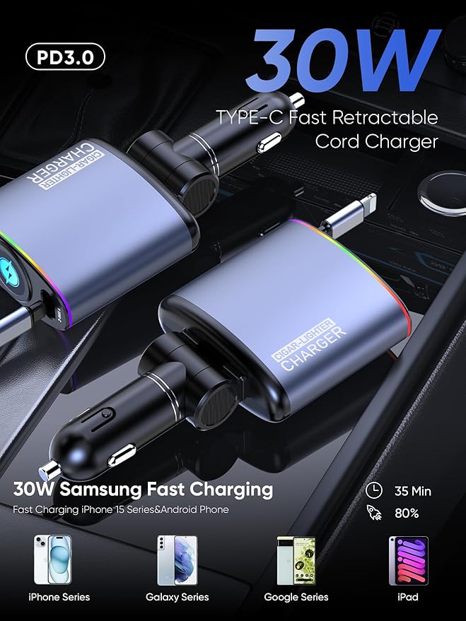 Retractable Car Charger,Topume 60W Fast Charging USB C Car Charger,Retractable Cable 2.9FT[for iPhone Cable] and Colorful Ambient Lighting car Adapter for iPhone 16/15/15 Pro Max/14/13/12/11,Galaxy