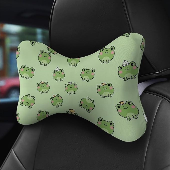 Car Pillow for Neck Pain Relief Support, Compatible with Cute Frog Memory Foam Car Neck Pillow for Car Seat with Adjustable Strap, 2 Pcs Car Headrest Pillow for Ergonomic Design