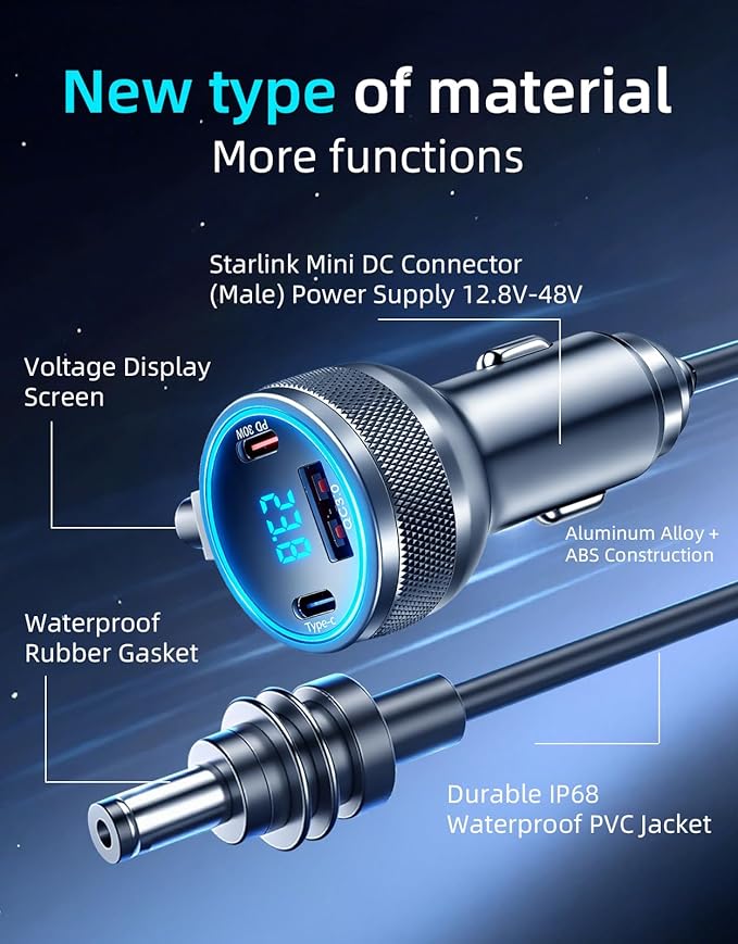 Starlink Mini Cable, 4-in-1 Starlink Mini Car Charger DC Power Cable + 12V-24V Cigarette Lighter Adapter with Digital Display, USB-C PD 45W and Dual USB-A 35W Ports for Cars, Suitable for Cars (10FT)