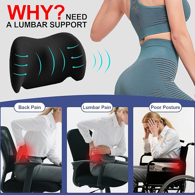 BYMECOST Lumbar Support Pillow for Car, Memory Foam Car Seat Back Support Pillow for Driving, Back Cushion with Strap for Pain Relief, Ergonomic Back Cushion for Office Chair, Wheelchair (A-Black)