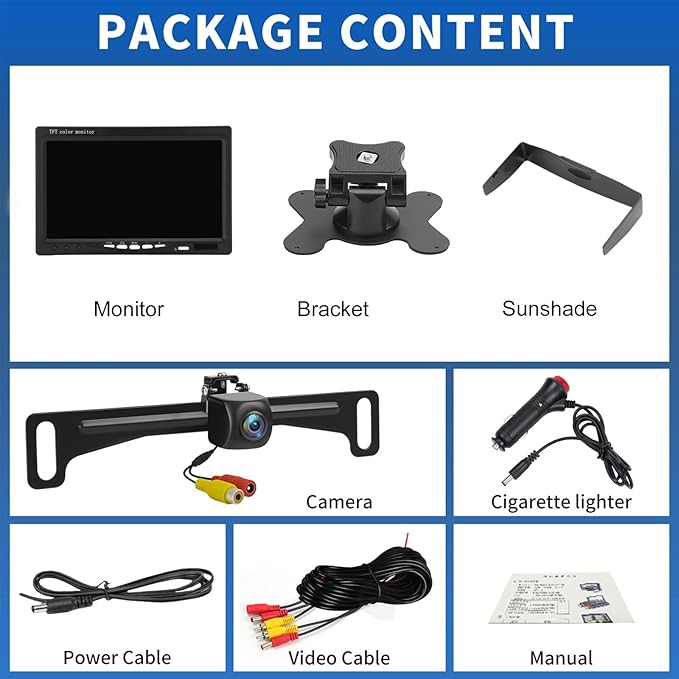 Kairiyard License Plate Backup Camera with 7 Inch Monitor, HD 1080P Reverse Camera Waterproof DIY Grid Lines No-Delay Wired Rear View Camera System for Truck Car SUV