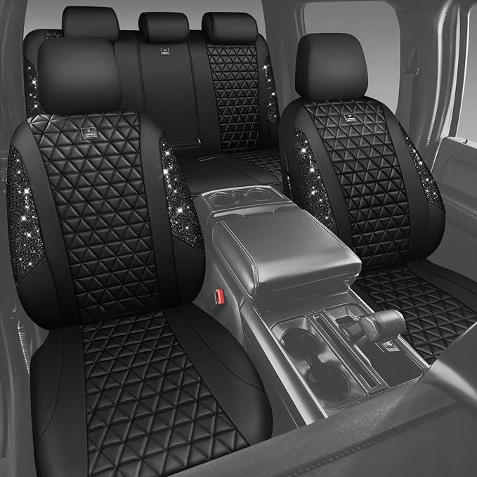 CAR PASS Bling Diamond Leather Car Seat Covers 2 Front Seats Interior Sets, Waterproof Shining Glitter Sparkly Crystal Universal Armrest Fit Automotive Truck SUV Cute Women Girl, Black PU Rhinestone