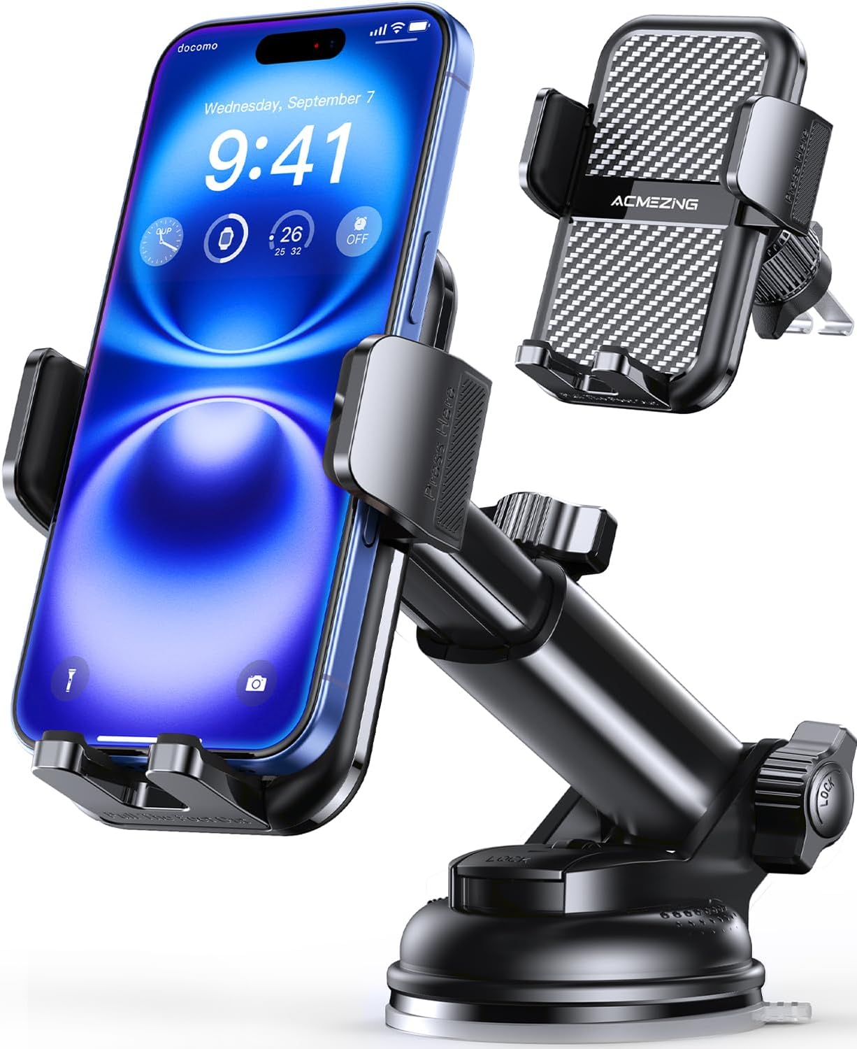 3-in-1 Car Phone Holder [122+LBS Strongest Suction & Stable Clamp Arm] 360° Adjustable Car Phone Mount, Cell Phone Holders for Your Car for Dashboard Vent, All Smartphones & Car Models (Black)
