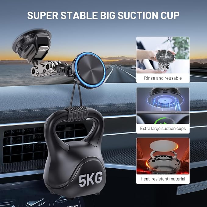 This Hill 15W Magnetic Wireless Car Charger Mount, Compatible with MagSafe, Phone Holder with 360° Suction Cup & Aluminum Alloy Telescopic Arm Compatible with iPhone 12-17 Series