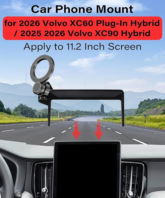 Magnetic Car Phone Mount for 2026 Volvo XC60 Plug-in Hybrid / 2025 2026 Volvo XC90 Hybrid, for MagSafe Strong Magnets Cell Phone Holder 11.2-Inch Screen Cradles, with Portable Phone Gripper