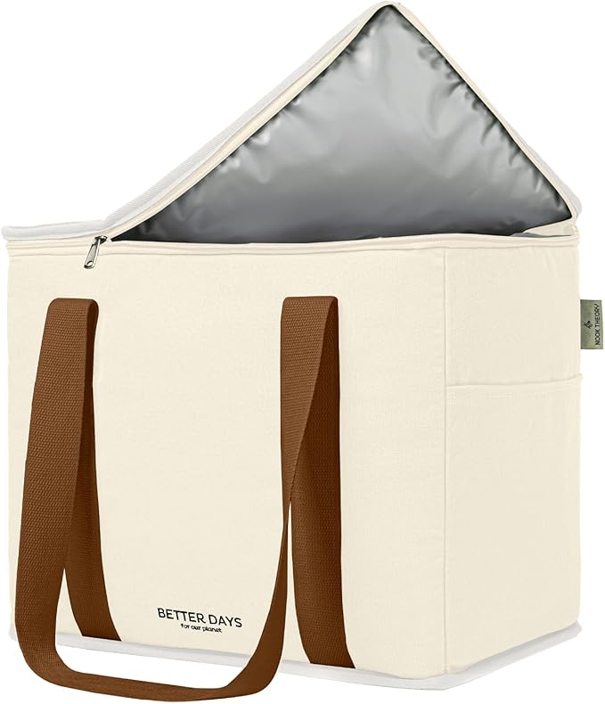 Reusable Insulated Grocery Bag - Canvas, Leak Proof, X Large Cooler Bag, Insulated Shopping Bags for Groceries, Travel Cooler Bag for Frozen and Hot Food with Zippered Top (Cream Brown)