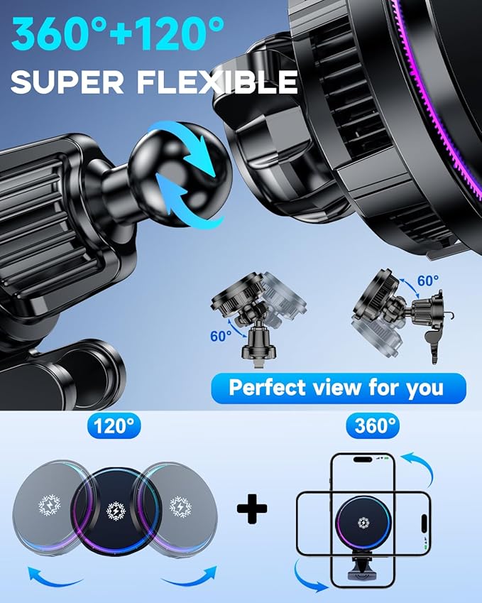 Upgraded TEC and Fan Phone Cooling Magnetic Wireless Car Charger, for MagSafe Car Charger Mount, RGB, Air Vent 15W Fast Charging Car Phone Holder for iPhone 17 16 15 14 13 12 Pro Max Air, for Samsung