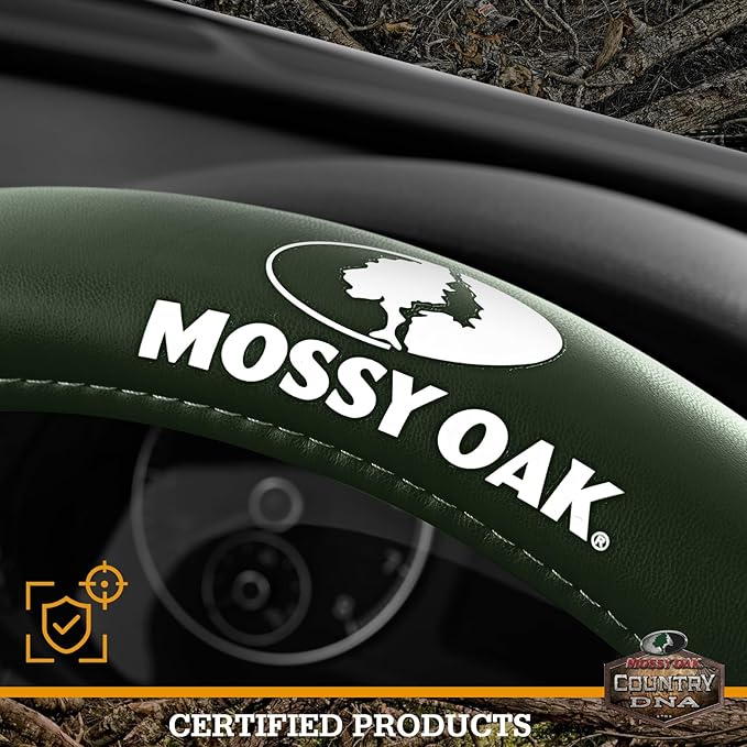 Mossy Oak Camo Steering Wheel Cover, Durable Grip Car Steering Cover, Universal Fit 14.5"–15.5" - Made with Premium Green PVC Leather and Cotton Fabric, Anti-Slip - Official Licensed Product