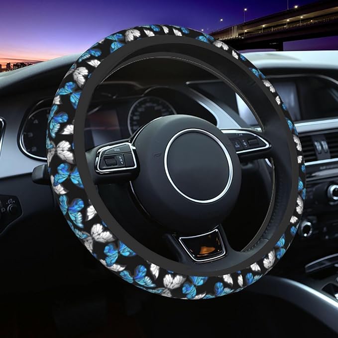 Blue Black Butterfly Steering Wheel Cover, Cute Butterflies Anti-Slip Breathable Car Accessories Interior Elastic Steering Wheel Cover for Men Women Fit Auto, SUV Vans Truck Universal 14.5-15 Inch