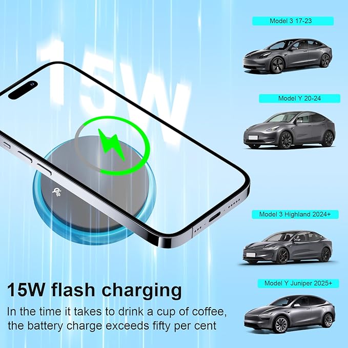 Wireless Car Mount Charger Fast Charging for Tesla Model 3/Y/3 Highland/Y Juniper (Model 3 17-23& Model Y 20-24, with OBD Charger)