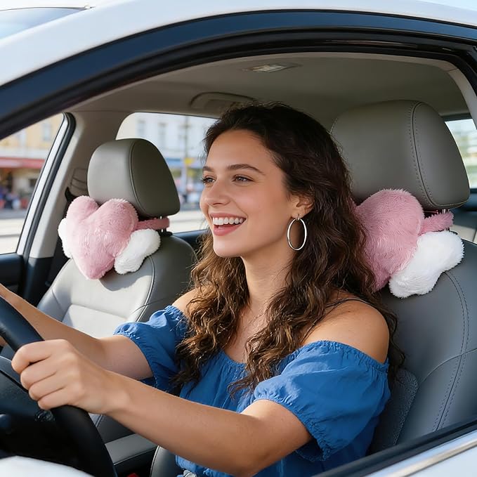 AKAZA 2 Pcs Plush Heart Shaped Pillow with Angel Wings - Car Headrest Cushion, Soft Comfortable Seat Pillow for Driving Travel, Office Room Car Decor ，Pink, 19.7 x9.4 Inch (Pink)