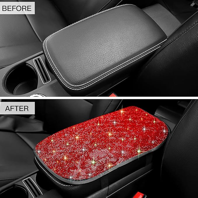 SAVORI Bling Car Armrest Cover Diamond Rhinestone Auto Center Console Cover Protector Arm Rest Cushion Pads Universal Bling Car Accessories for Women Girl Cute Vehicle Interior Decor (Red)