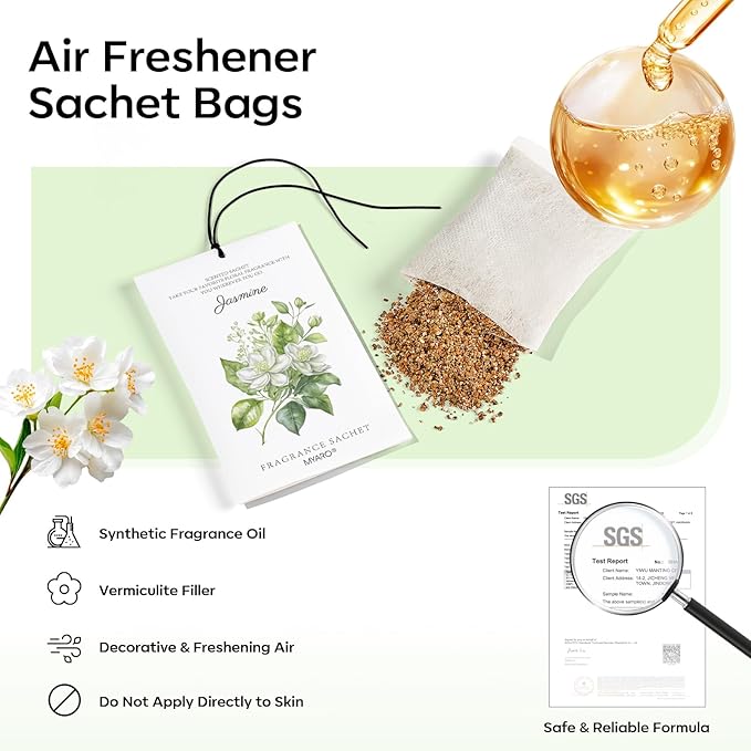 MYARO 12 Pack Jasmine Scented Sachets for Drawer, Closet & Small Spaces Air Freshener Bags, Odor Eliminator for Car, Shoes, Bathroom Home Fragrance Gift Set