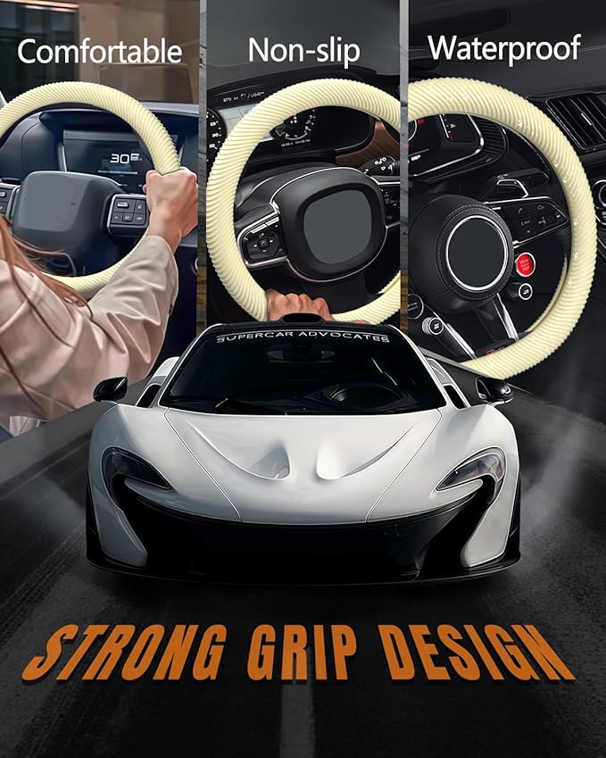 WOCOCN Car Steering Wheel Cover, Thin Anti-Skid Silicone Steering Wheel Cover for Men & Women, Universal Automotive Interior Accessories for Most Cars (Light Yellow)
